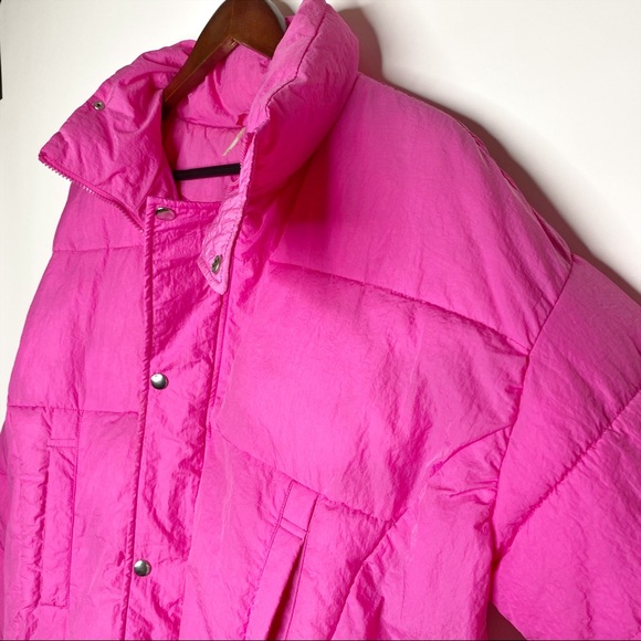 Free People Puffer Jacket Cold Rush Pink Cropped Bright Winter Adjustable Waist - Picture 4 of 16